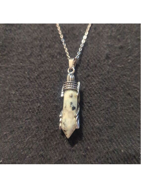 Silver Tone White and Black Dalmatian Jasper Gemstone Point Pendant Necklace